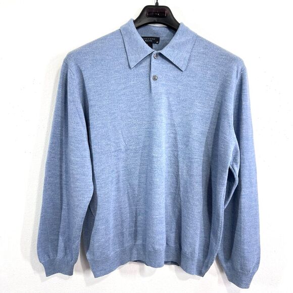 Toscano Sweater Mens XL Blue 100% Merino Wool Button Collar Academia Italy Made - Picture 2 of 8